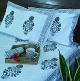 Sunflower Grey & Light Blue Hand Block Bedsheet with 2 Pillow Cover Set - 280TC