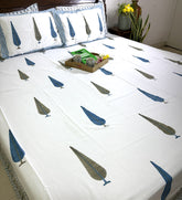 Blue Tree Motif Hand Block Bedsheet with 2 Pillow Cover Set - 400TC