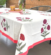 Pink & Magenta Marigold  Hand Block Rectangle Table Cover / Cloth