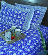 Blue Dark lotus Hand Block Bedsheet with 2 Pillow Cover Set - 280TC