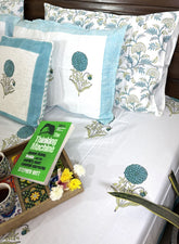 Turquoise Blue Floral Motif Hand Block Bedsheet with 2 Pillow Cover Set - 400TC