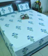 Light Blue Flower Hand Block Bedsheet with 2 Pillow Cover Set - 280TC