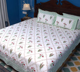 Light Green & Red Lilly Flower Hand Block Bedsheet with 2 Pillow Cover Set - 220TC