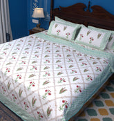 Light Green & Red Lilly Flower Bedsheet & Dohar Set – Hand Block Printed
