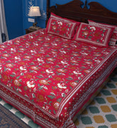 Royal Red Mughal Hand Block Bedsheet with 2 Pillow Cover Set - 220TC