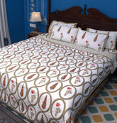 Red & Olive Green Tulip Mughal Floral Hand Block Bedsheet & Quilted Bedcover Set – Hand Block Printed