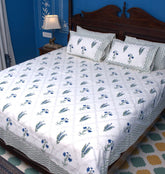 Light Green & Blue Lilly Flower Hand Block Bedsheet with 2 Pillow Cover Set - 220TC
