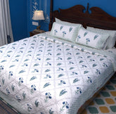 Light Green & Blue Lilly Flower Hand Block Bedsheet & Quilted Bedcover Set – Hand Block Printed