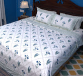 Light Green & Blue Lilly Flower Hand Block Muslin Dohar