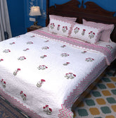 Pink & Red Carnation Hand Block Quilted Bedcover