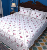 Red & Grey Lilly Flower Hand Block Bedsheet with 2 Pillow Cover Set - 220TC