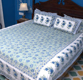 Blue Rose Floral Jal Hand Block Bedsheet with 2 Pillow Cover Set - 220TC