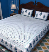 Blue Small Flower Butta Hand Block Bedsheet with 2 Pillow Cover Set - 220TC