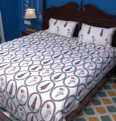 Red & Grey Tulip Mughal Floral Hand Block Bedsheet with 2 Pillow Cover Set - 220TC