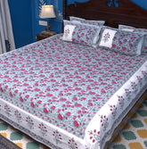 Lotus Flower Jal Red & Blue Hand Block Bedsheet with 2 Pillow Cover Set - 220TC