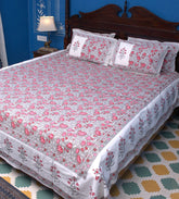 Lotus Flower Jal Pink & Grey Hand Block Bedsheet with 2 Pillow Cover Set - 220TC