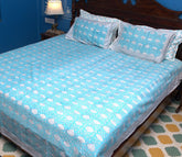 Sky Blue Floral Hand Block Bedsheet with 2 Pillow Cover Set - 400TC