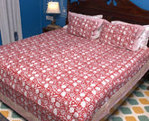 Red Floral Hand Block Bedsheet with 2 Pillow Cover Set - 400TC