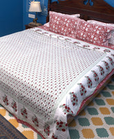 Red Small Flower Butta Hand Block Bedsheet with 2 Pillow Cover Set - 220TC