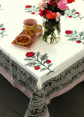 Red Rose Hand Block Rectangle Table Cover /Cloth