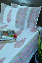 Gulabi Pankhudi Hand Block Bedsheet with 2 Pillow Cover Sets - 280TC