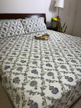 Jacobean floral Blue & Grey Hand Block Bedsheet with 2 Pillow Cover Set - 220TC