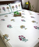 Magenta Pastel Green Palm Tree & Floral Motif Patterns Hand Block Bedsheet with 2 Pillow Cover Set - 400TC