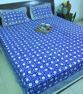 Blue Dark lotus Hand Block Bedsheet with 2 Pillow Cover Set - 280TC
