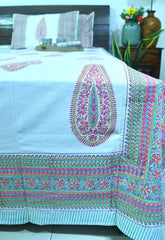 Gulabi Pankhudi Hand Block Bedsheet with 2 Pillow Cover Sets - 280TC