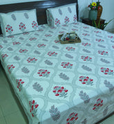 Pink Flower Hand Block Bedsheet with 2 Pillow Cover Set - 220TC