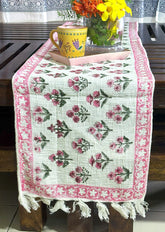 Pink Small Flower Hand Block Printed Jute Table Runner