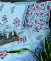 Pink Flower Hand Block Bedsheet with 2 Pillow Cover Set - 220TC