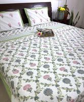 Jacobean floral Pink & Grey Bedsheet & Dohar Set – Hand Block Printed
