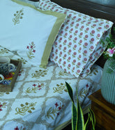 Red & Yellow Lilly Mughal Jaal Hand Block Bedsheet with 2 Pillow Cover Set - 220TC