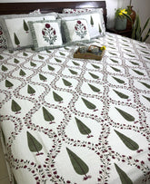 Green & Maroon Tree of Life Patterns Hand Block Bedsheet with 2 Pillow Cover Set - 400TC