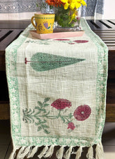 Red & Green Gulbahaar Hand Block Printed Jute Table Runner