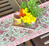 Pink Flower Jaal Hand Block Printed Jute Table Runner