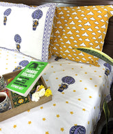 Blue Air Balloon Hand Block Bedsheet with 1 Pillow Cover- 220TC