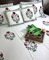 Red & Green Sunflower Patterns Hand Block Bedsheet with 2 Pillow Cover Set - 400TC