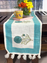 Blue Flower Jaal Hand Block Printed Jute Table Runner