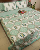 Green Orchid Bedsheet & Dohar Set – Hand Block Printed