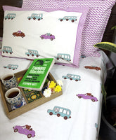 Pink,Blue & Brown Car Hand Block Bedsheet with 1 Pillow Cover- 220TC