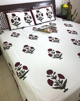 Maroon Marigold Hand Block Bedsheet with 2 Pillow Cover Set - 220TC