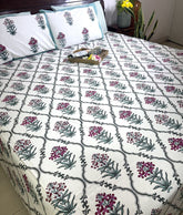 Pink Lilly Motif Jaal Hand Block Bedsheet with 2 Pillow Cover Set - 220TC