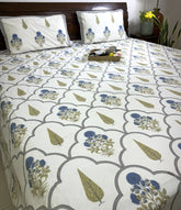 Blue Gulbahar Sunflower Hand Block Bedsheet with 2 Pillow Cover Set - 220TC