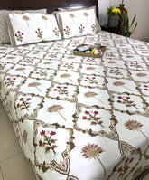 Brown Lilly Flower Jaal Hand Block Bedsheet with 2 Pillow Cover Set - 220TC