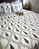 Green & Maroon Tree of Life Patterns Hand Block Quilt/ Razai