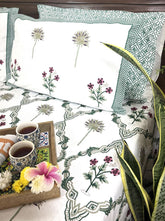 Green Lilly Flower Jaal Hand Block Bedsheet with 2 Pillow Cover Set - 220TC