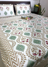 Pink Hibiscus on Gold Bedsheet & Dohar Set – Hand Block Printed