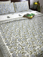 Green Flower Jaal Patterns Hand Block Quilt/ Razai